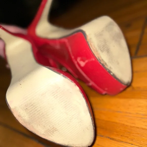 Size 7 ruby red mesh platform peep toe sandals heels worn by Christian Cinn - Picture 6 of 8